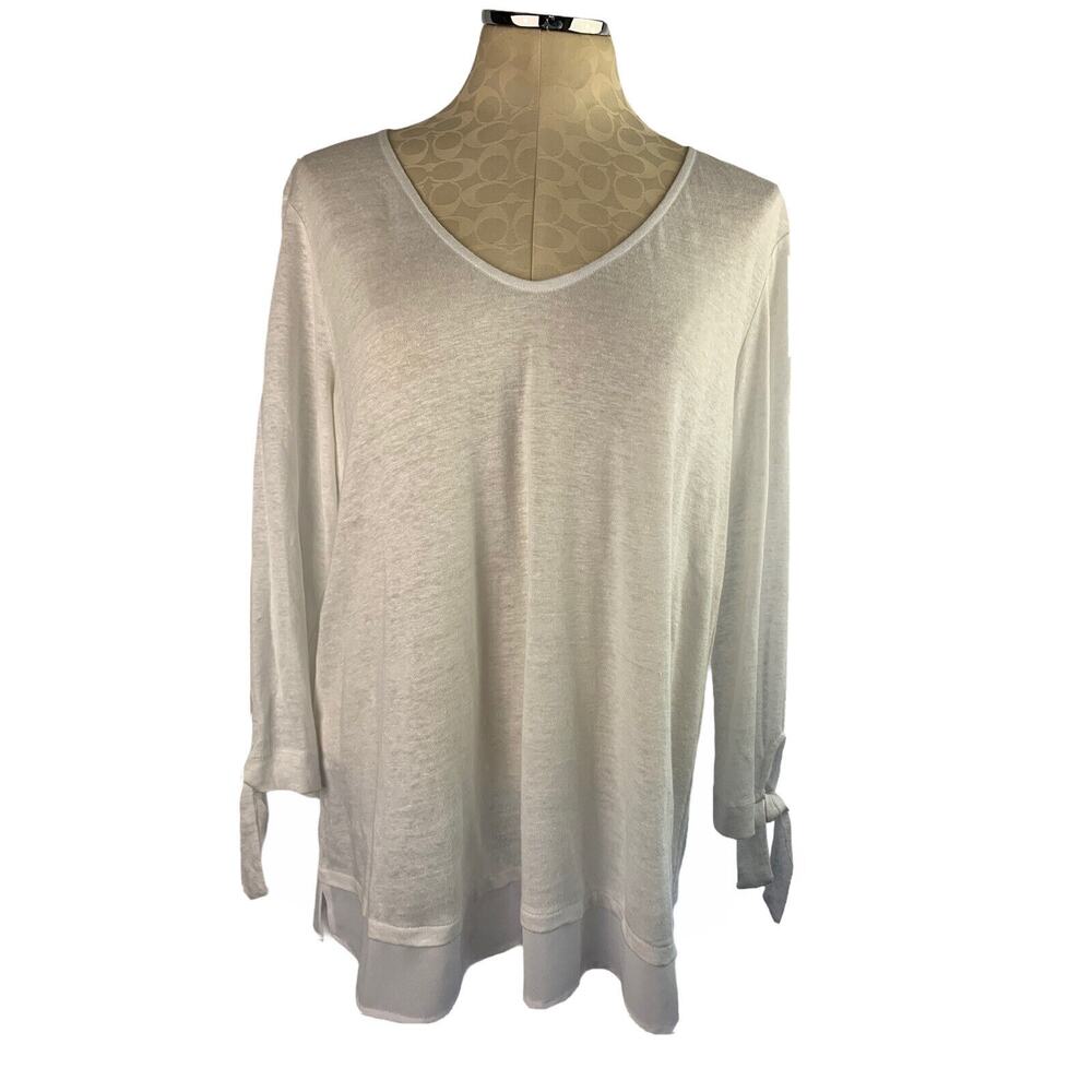 Size XL Sanctuary Womens White Linen V-Neck Sheer Tunic Shirt Tie Sleeve